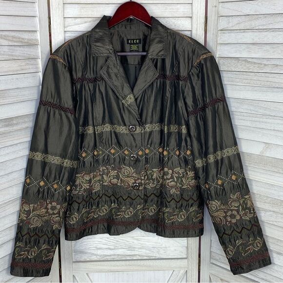 ELCC Vintage Embroidered Taffeta Blazer Jacket Gray Large Button Front - Picture 9 of 15